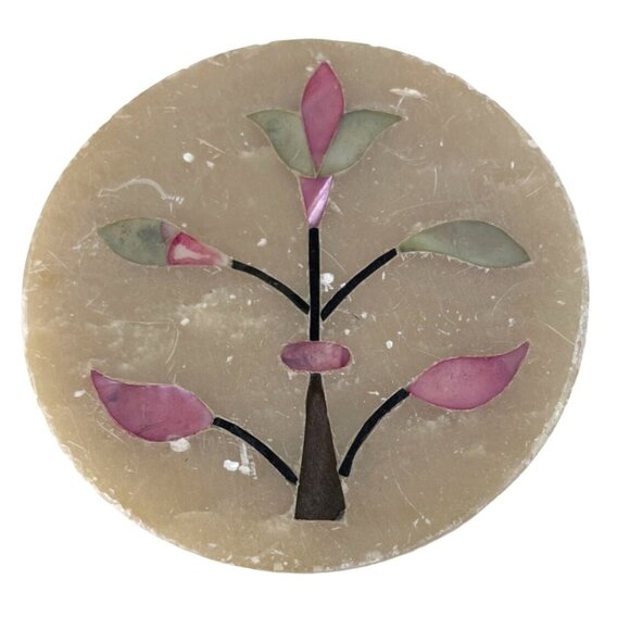 Unbranded Other - Vintage Marble Lidded Trinket Box w/ Pink Floral Inlay Design Made in India